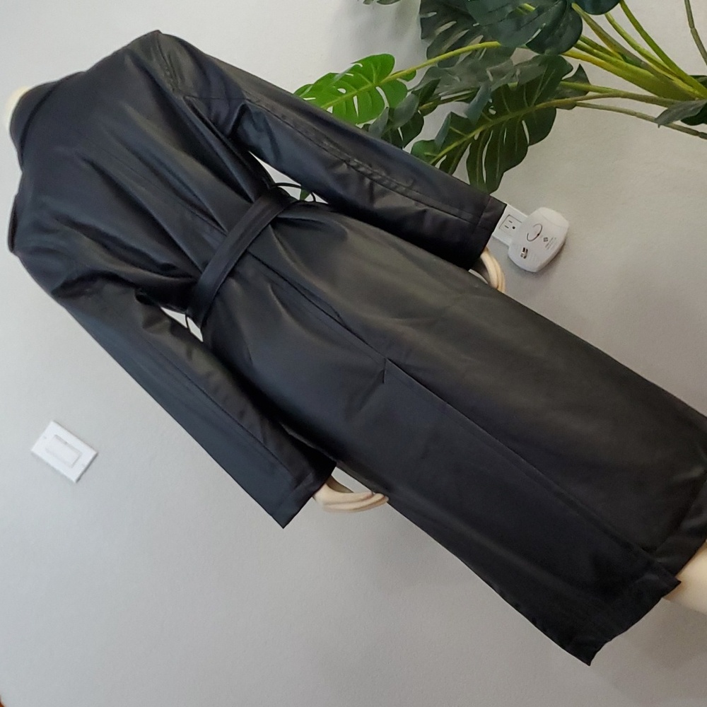 Black Faux Vegan Leather long belted Trench Coat S womens - Picture 12 of 13